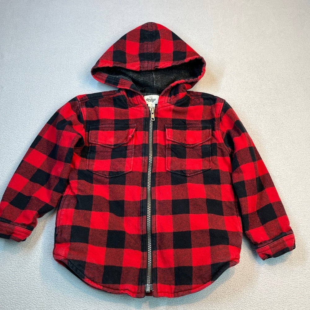 Hatley Heritage Kids Red Black Buffalo Plaid Hooded Zip Up Jacket Size 4